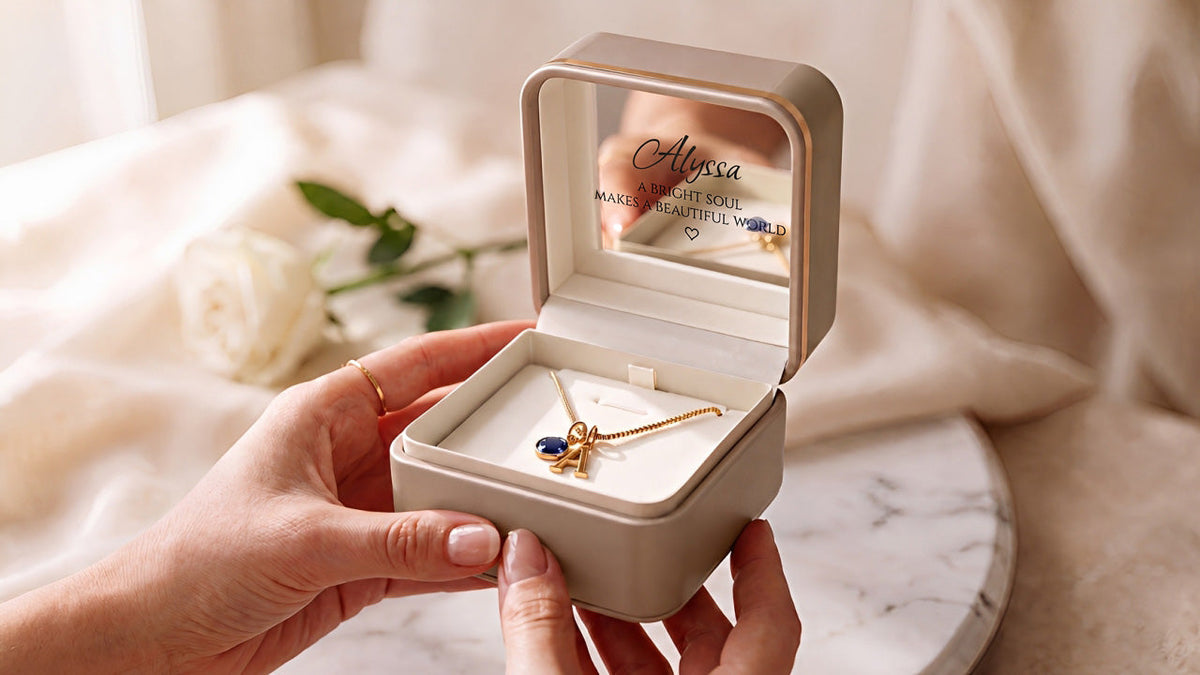 Voraelia personalized initial and birthstone necklace keepsake box held in hands with Alyssa mirror engraving